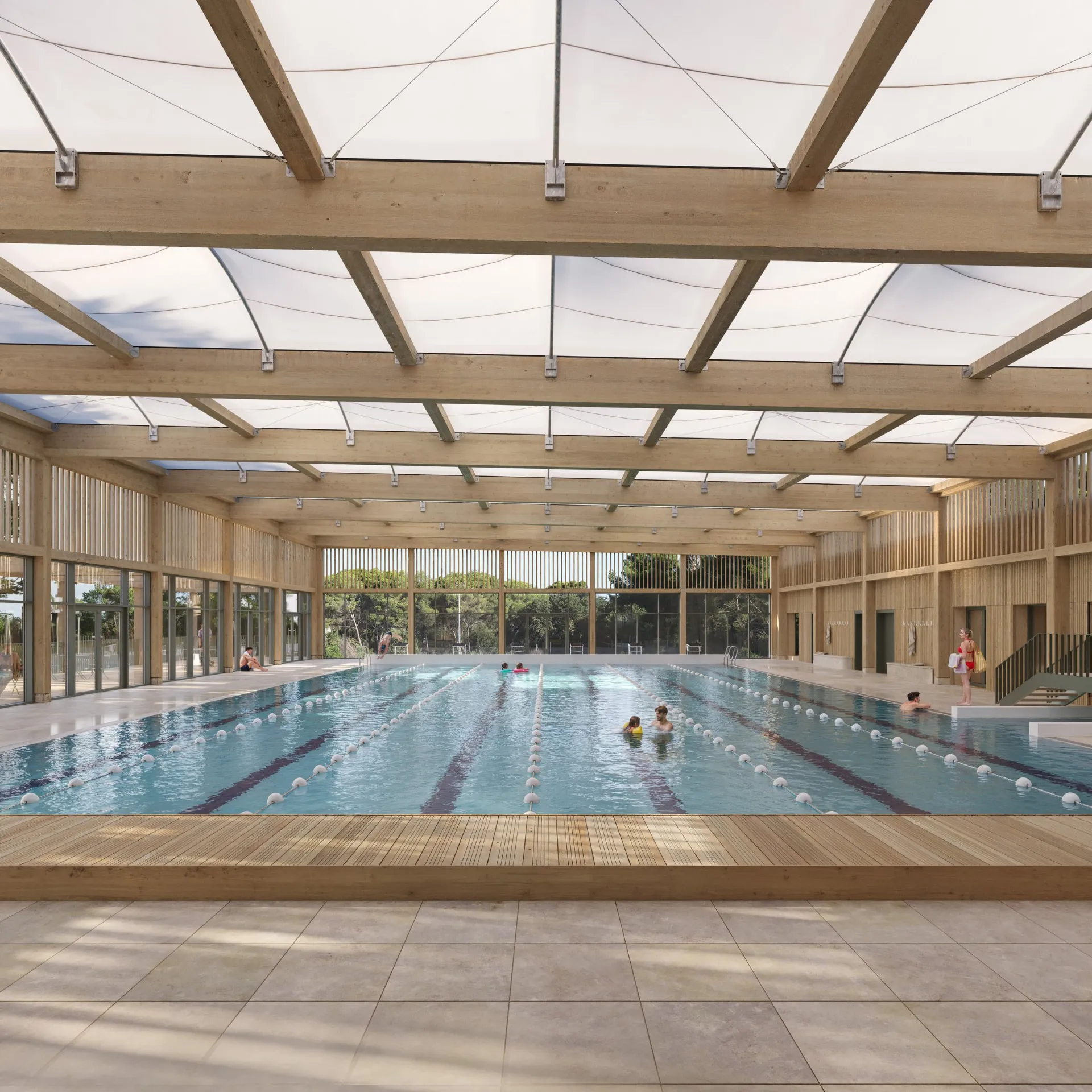 Piscine couverte sous une charpente bois