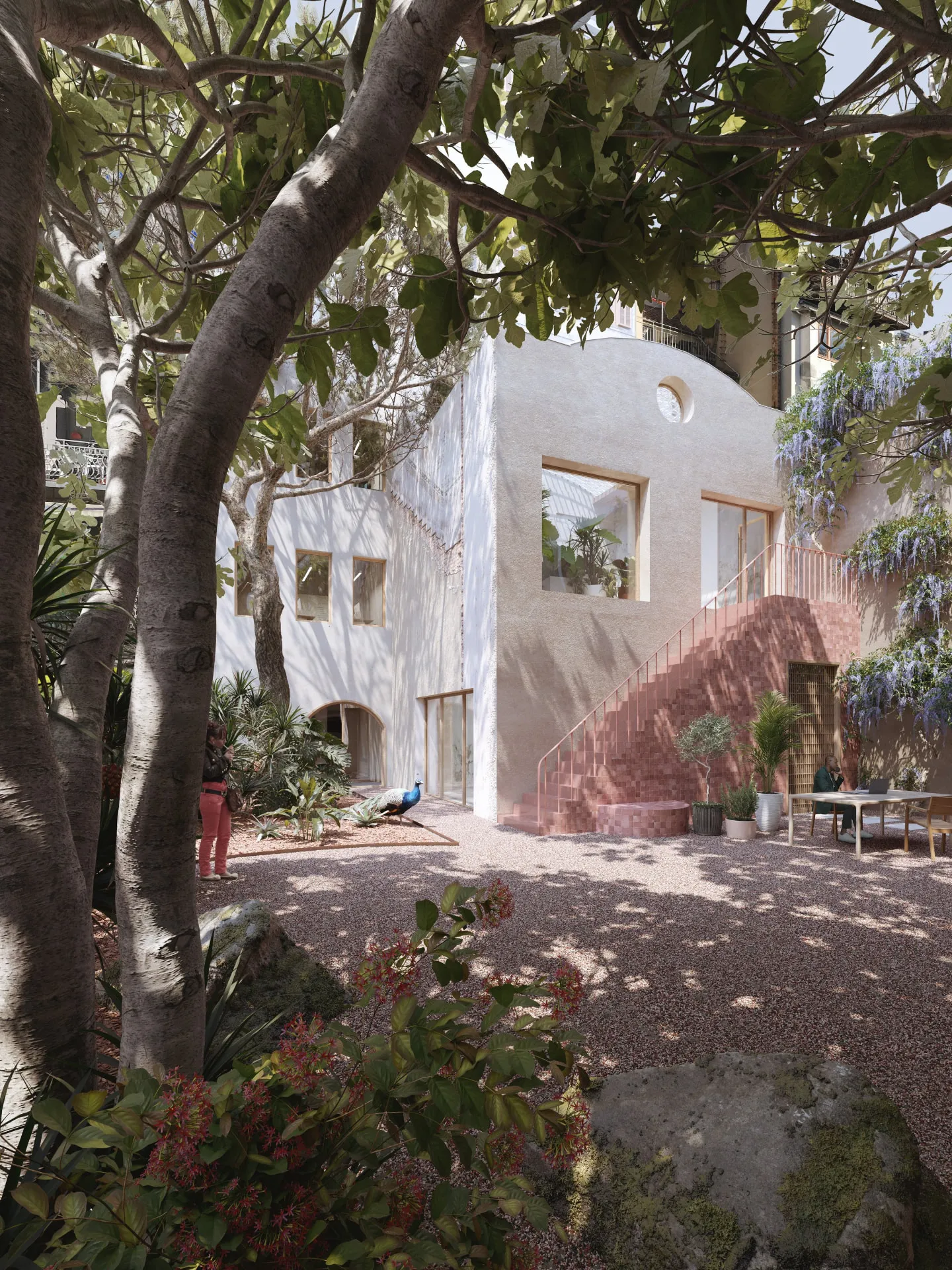 Maison blanche et escalier rose dans une cour plantée